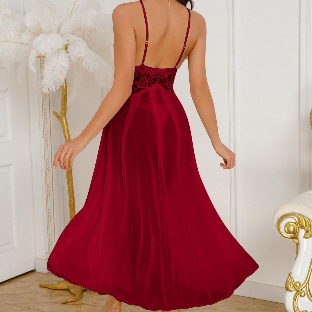 Pearl Trim Lace Mesh High Slit Maxi Slip Dress