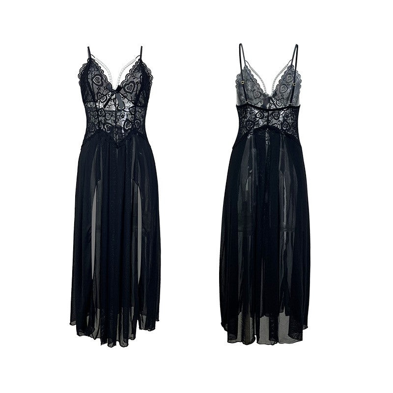 Pearl Trim Lace Mesh High Slit Maxi Slip Dress