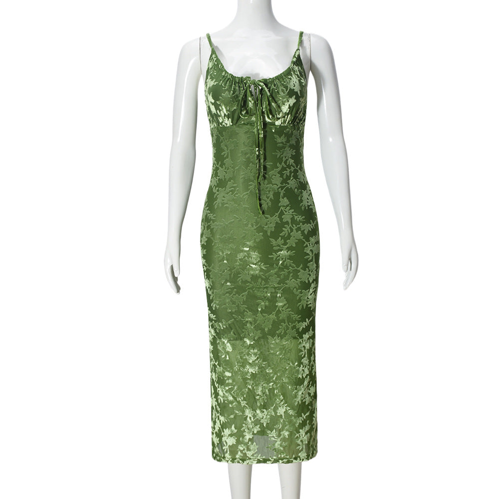 Velvet Burnout Floral Slip Midi Dress - Green