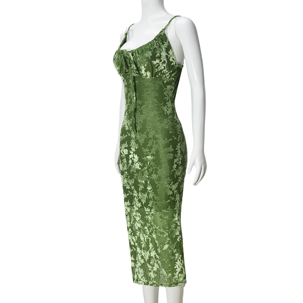 Velvet Burnout Floral Slip Midi Dress - Green - 1