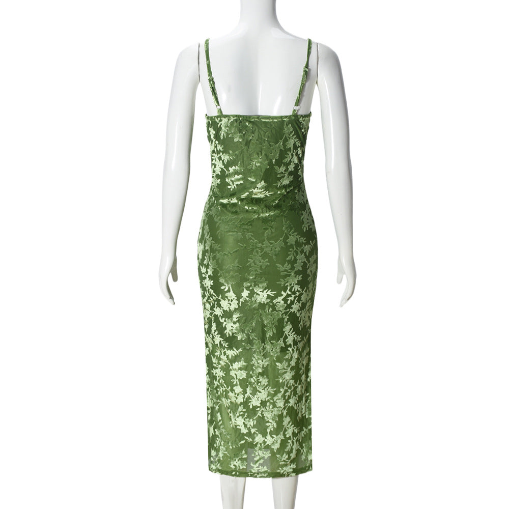 Velvet Burnout Floral Slip Midi Dress - Green - 2