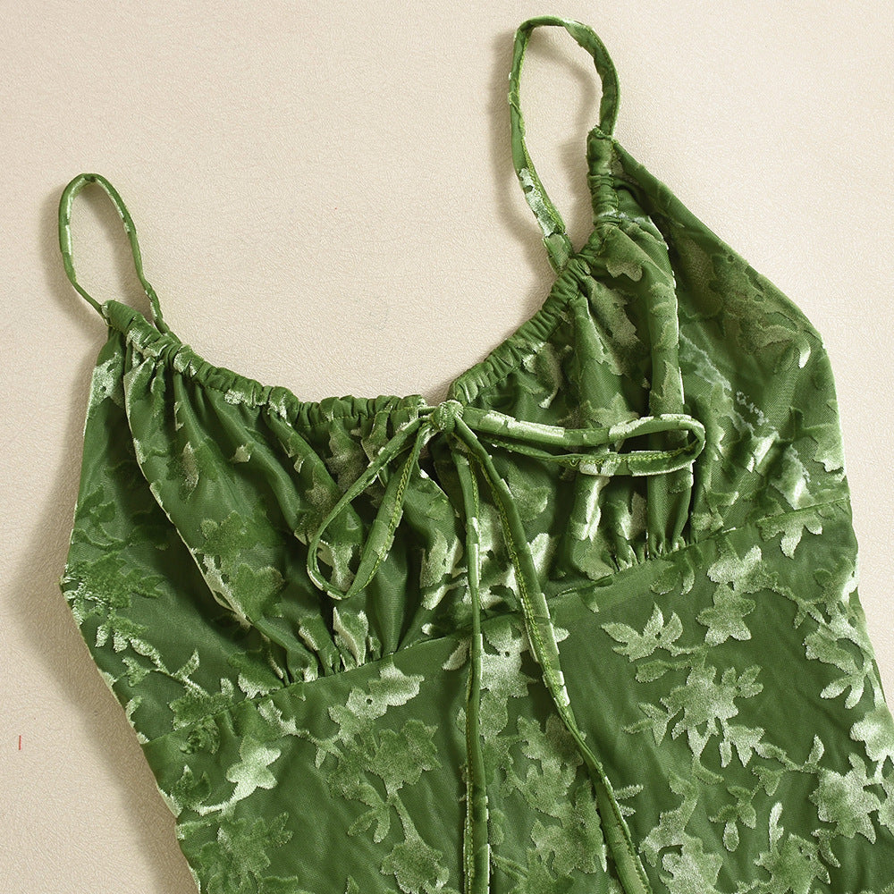Velvet Burnout Floral Slip Midi Dress - Green - 3