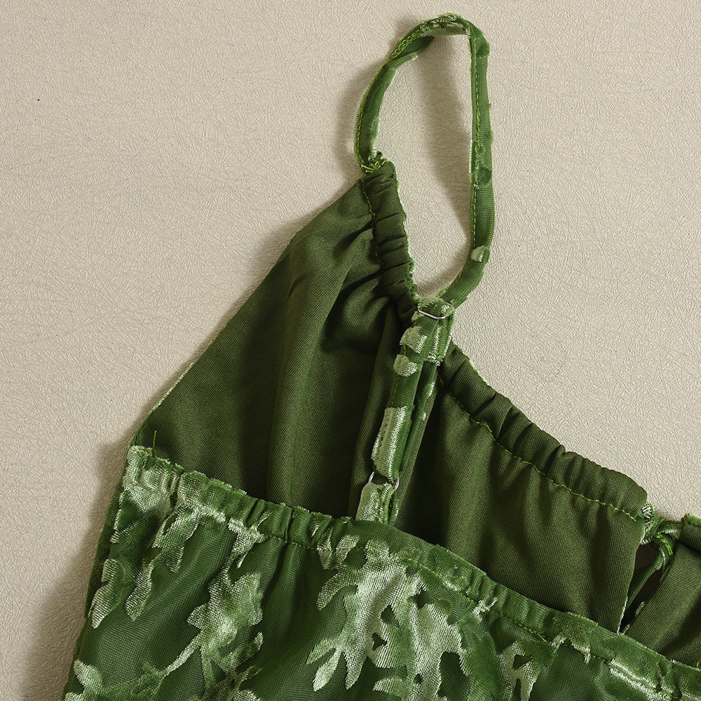 Velvet Burnout Floral Slip Midi Dress - Green - 4