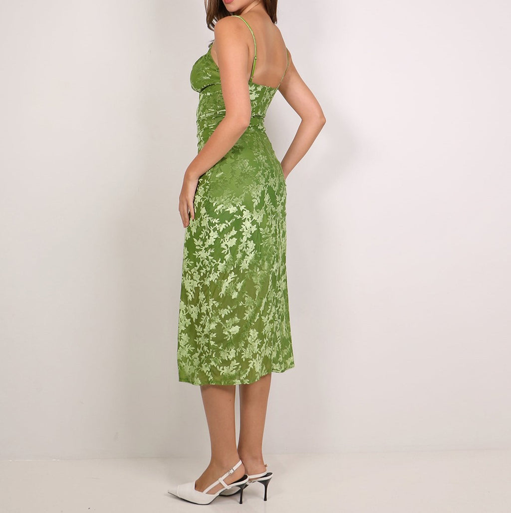 Velvet Burnout Floral Slip Midi Dress - Green - 8