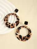 Leopard Print Circle Drop Hoop Earrings - Brown
