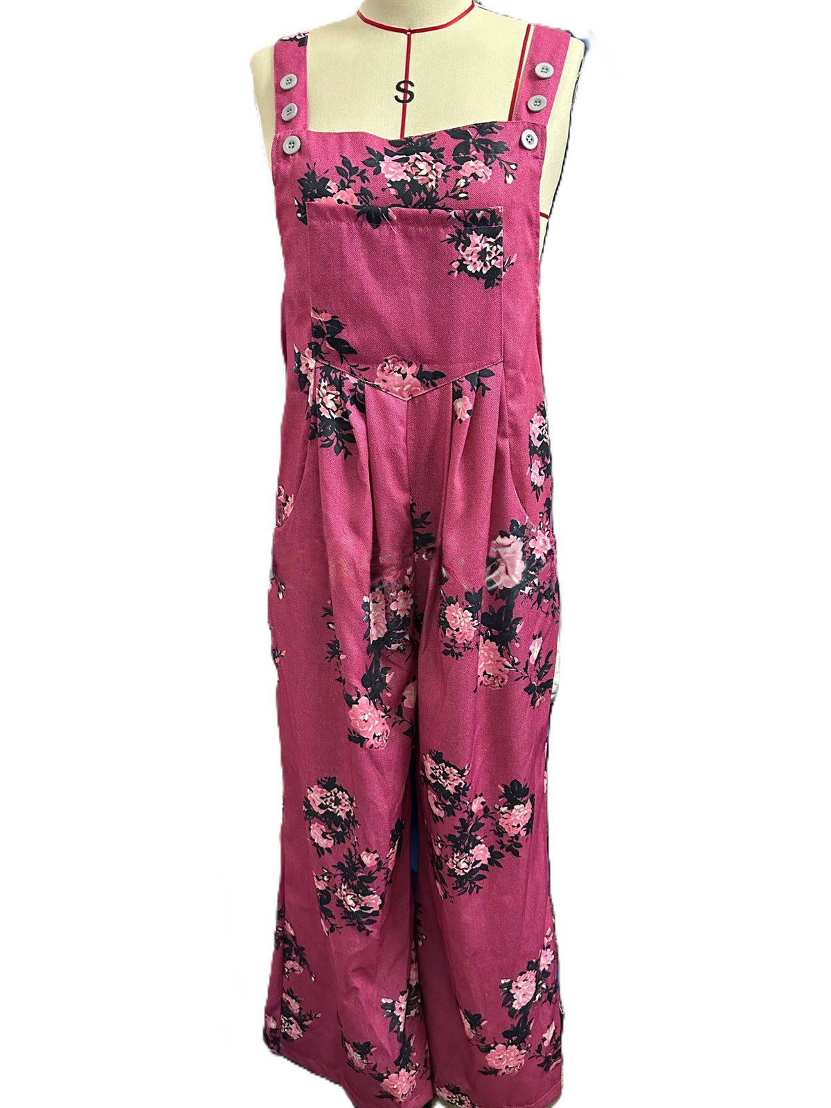Floral Print Dungaree Style Wide Leg Jumpsuit - Red