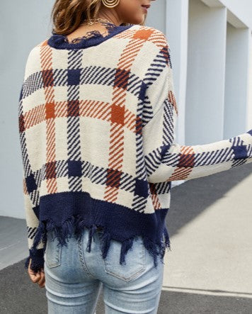 Distressed Plaid V Neck Knit Sweater - Blue - 1