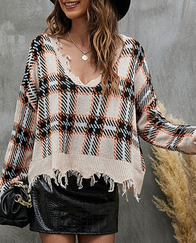 Distressed Plaid V Neck Knit Sweater - Pink