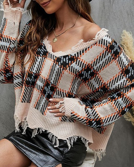 Distressed Plaid V Neck Knit Sweater - Pink - 1