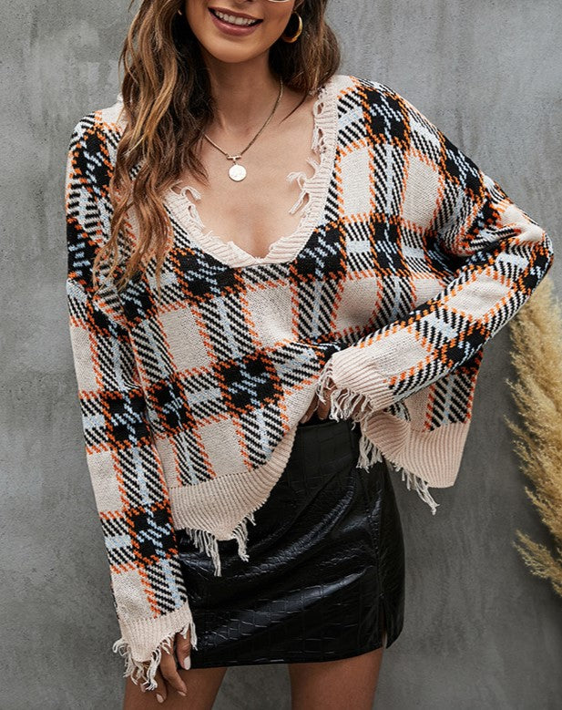 Distressed Plaid V Neck Knit Sweater - Pink - 2