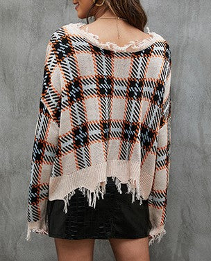 Distressed Plaid V Neck Knit Sweater - Pink - 3