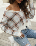 Distressed Plaid V Neck Knit Sweater - White