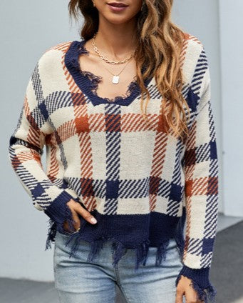 Distressed Plaid V Neck Knit Sweater