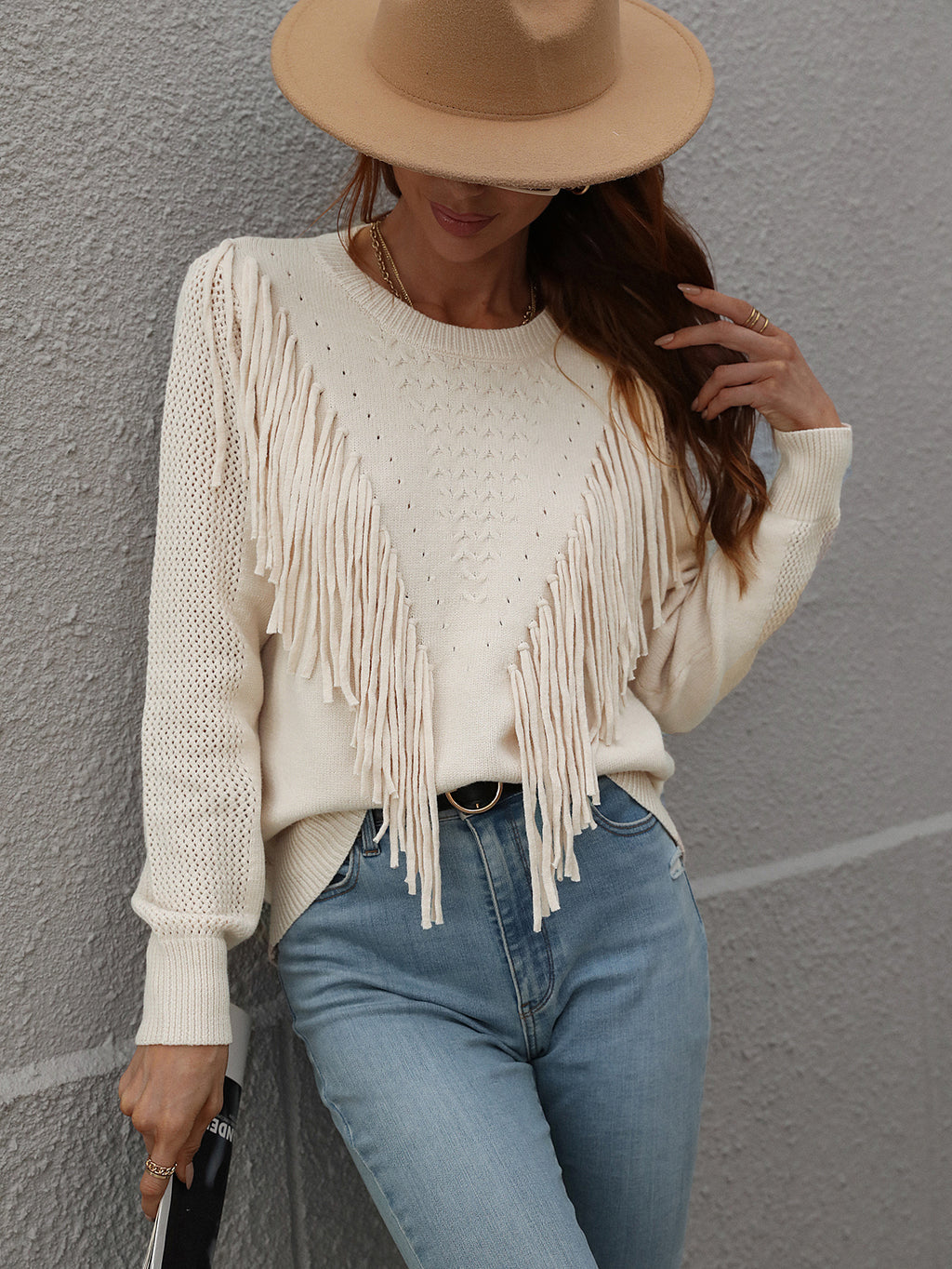 Fringe Front Crew Neck Pullover Sweater - Apricot