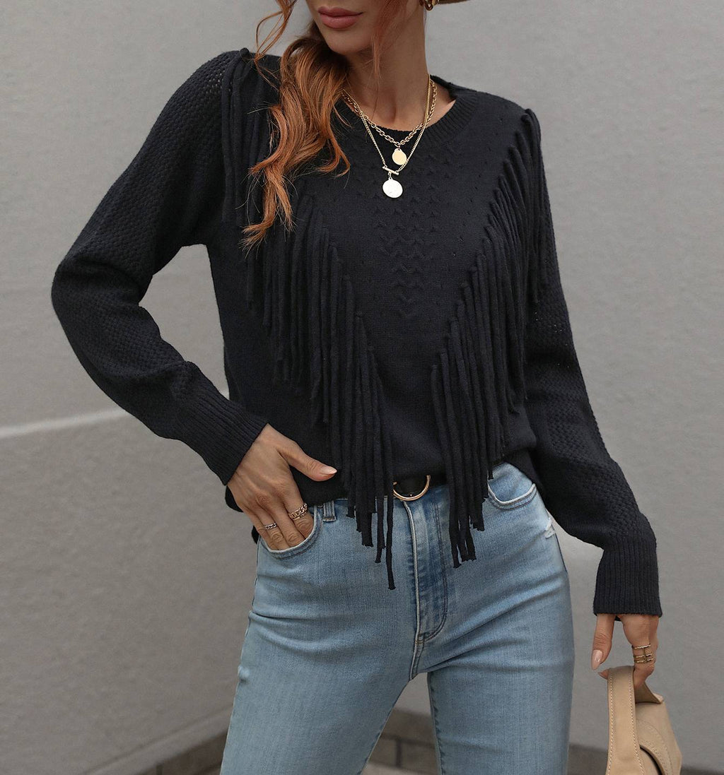 Fringe Front Crew Neck Pullover Sweater - Black