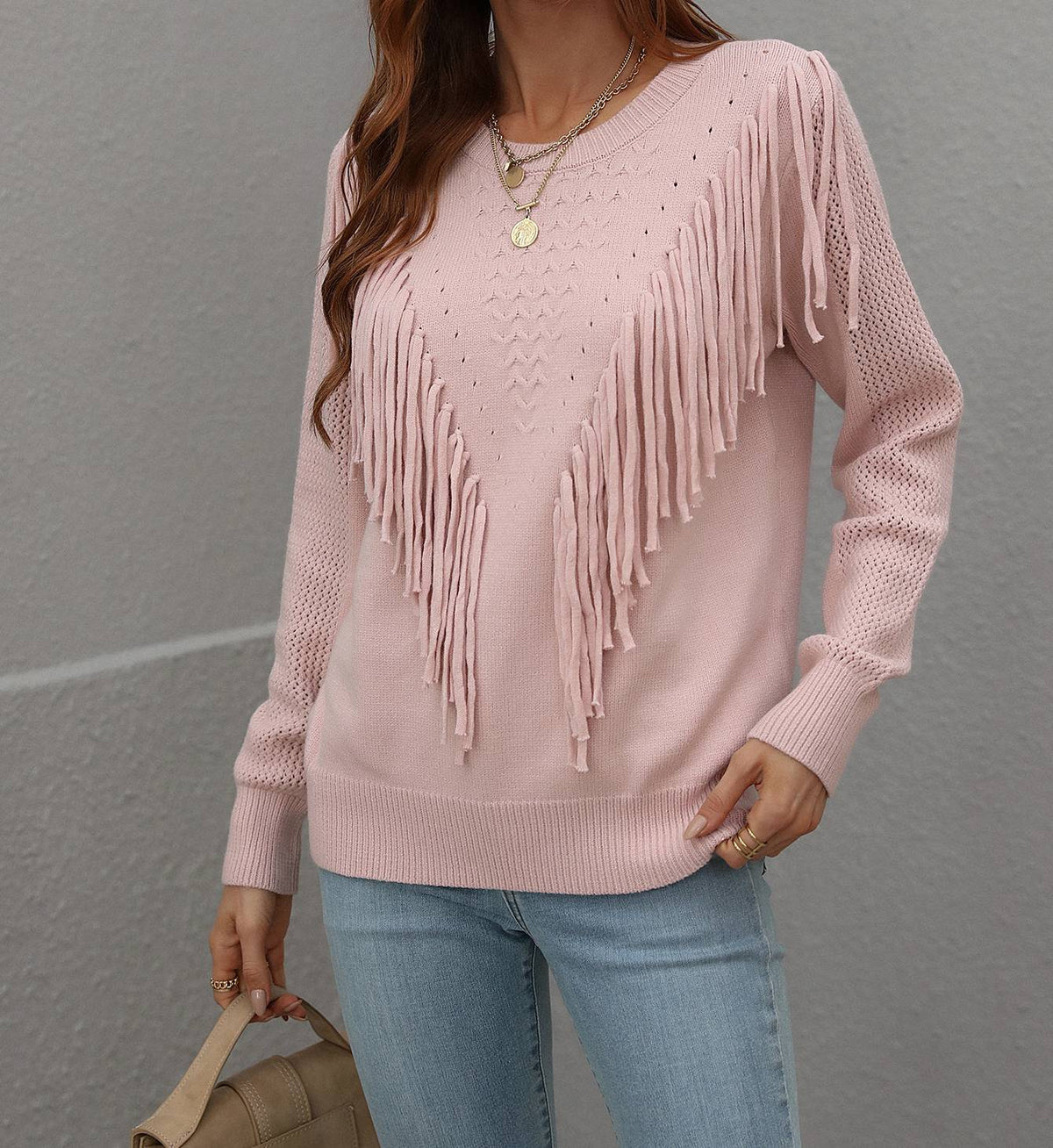 Fringe Front Crew Neck Pullover Sweater - Pink
