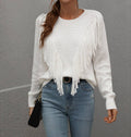 Fringe Front Crew Neck Pullover Sweater - White