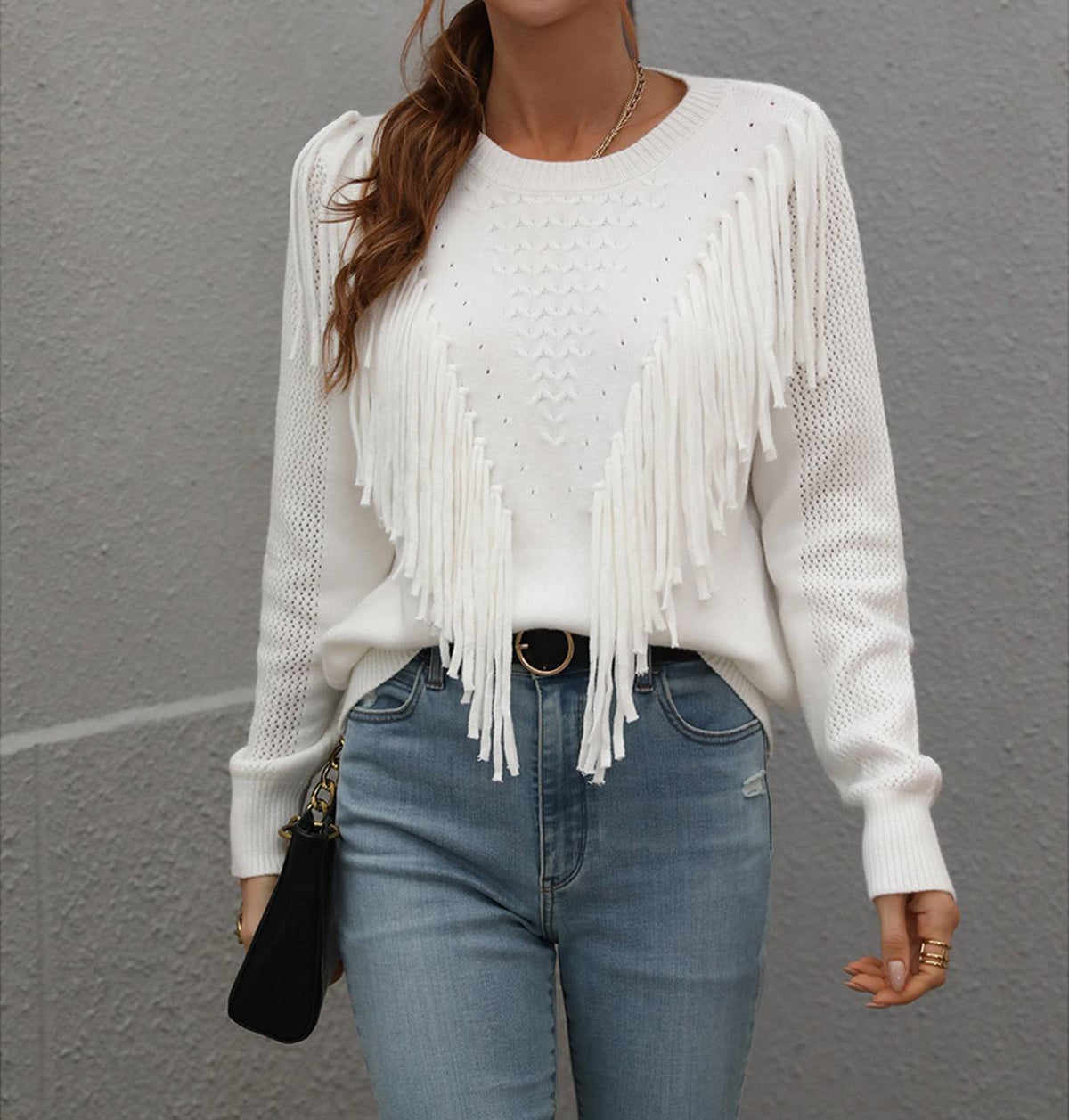 Fringe Front Crew Neck Pullover Sweater - White