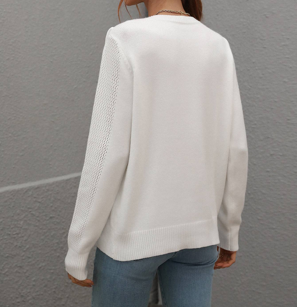 Fringe Front Crew Neck Pullover Sweater - White - 1