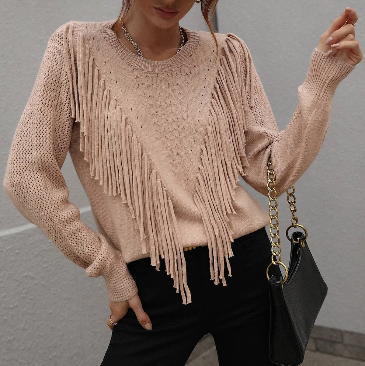 Fringe Front Crew Neck Pullover Sweater