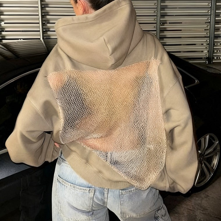 Corset Mesh Back Panel Hooded Sweatshirt - Apricot