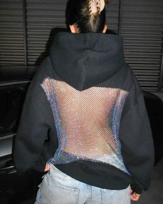 Corset Mesh Back Panel Hooded Sweatshirt - Black