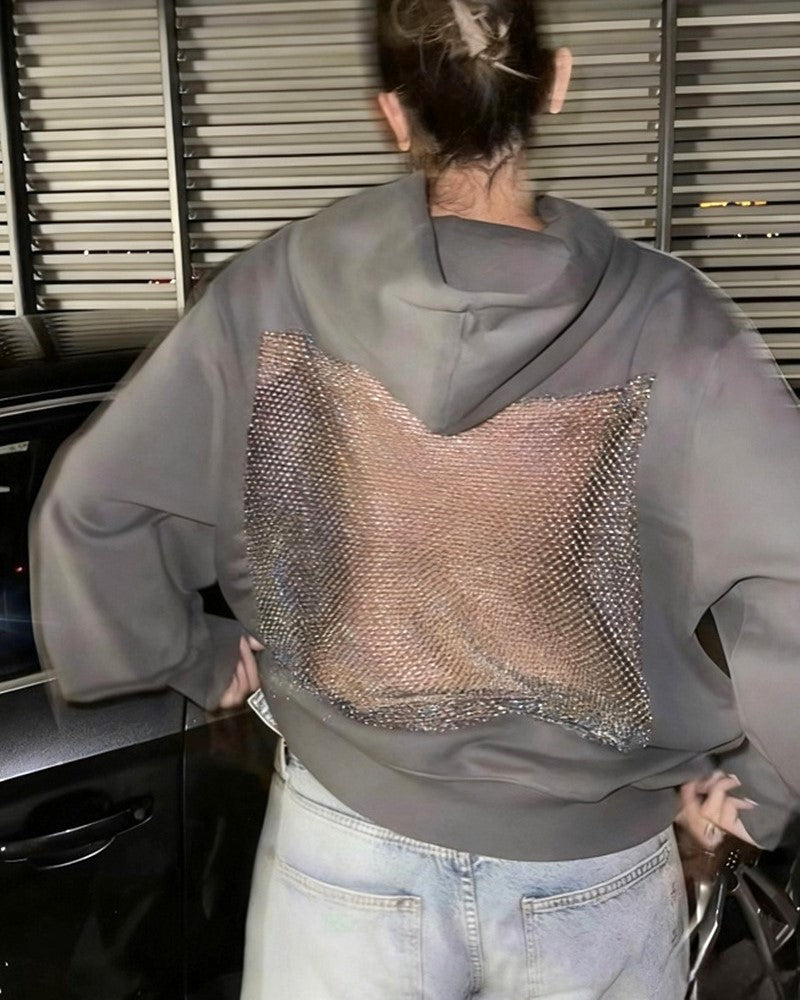 Corset Mesh Back Panel Hooded Sweatshirt - Grey