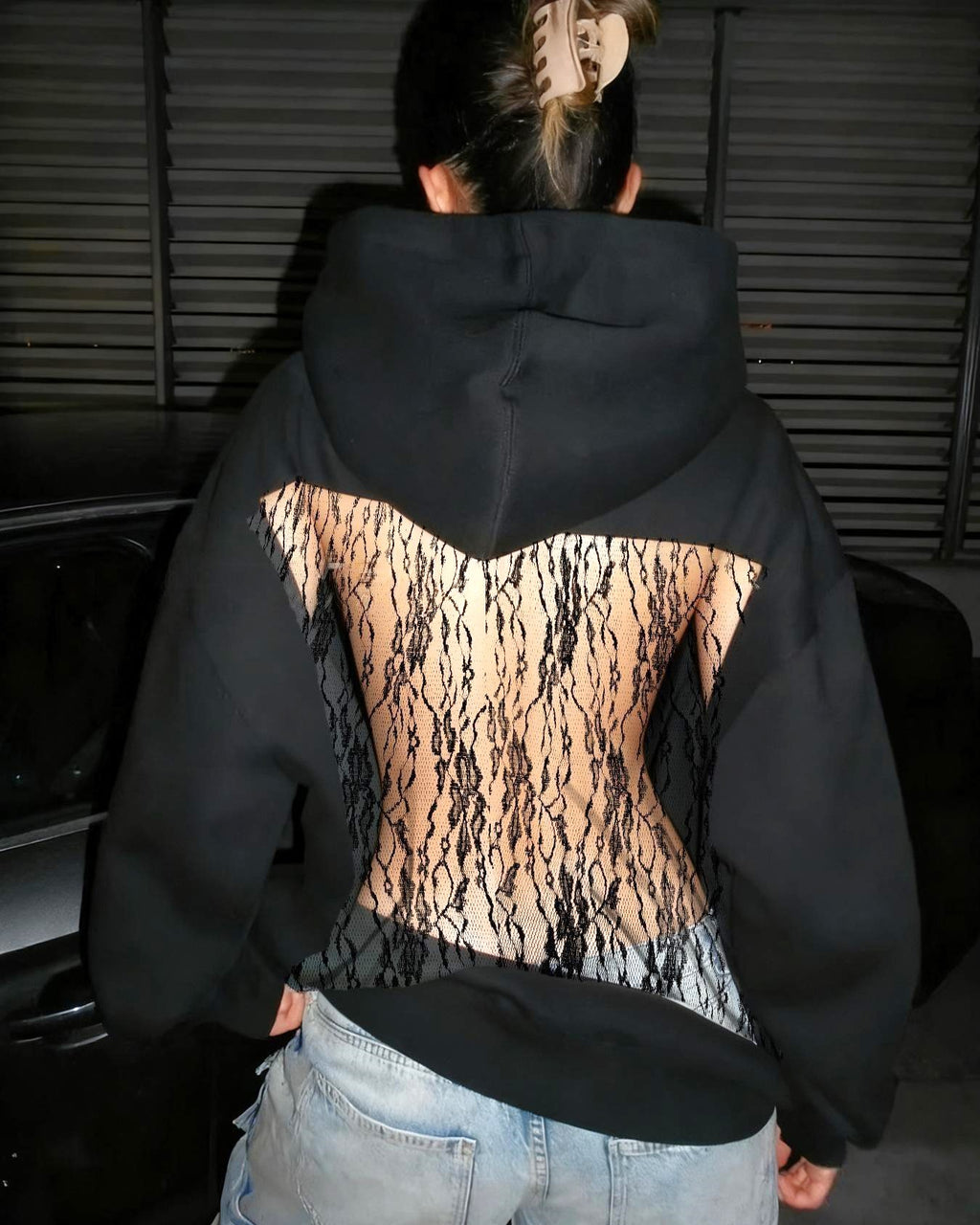 Corset Mesh Back Panel Hooded Sweatshirt - Lace_B - 2