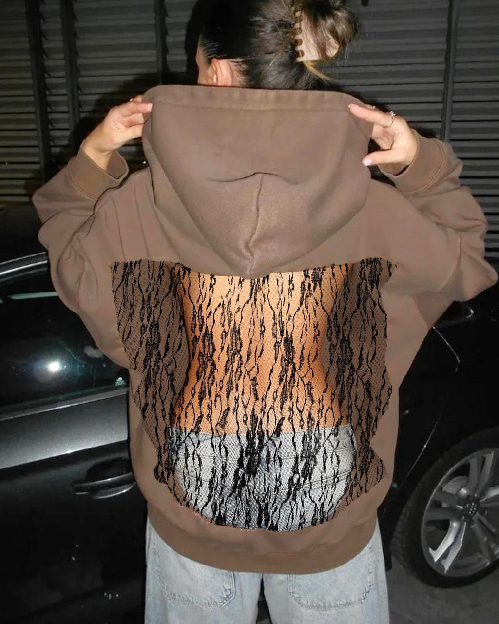 Corset Mesh Back Panel Hooded Sweatshirt - Lace_C