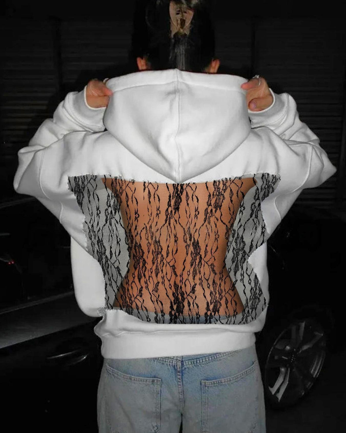 Corset Mesh Back Panel Hooded Sweatshirt - Lace_W