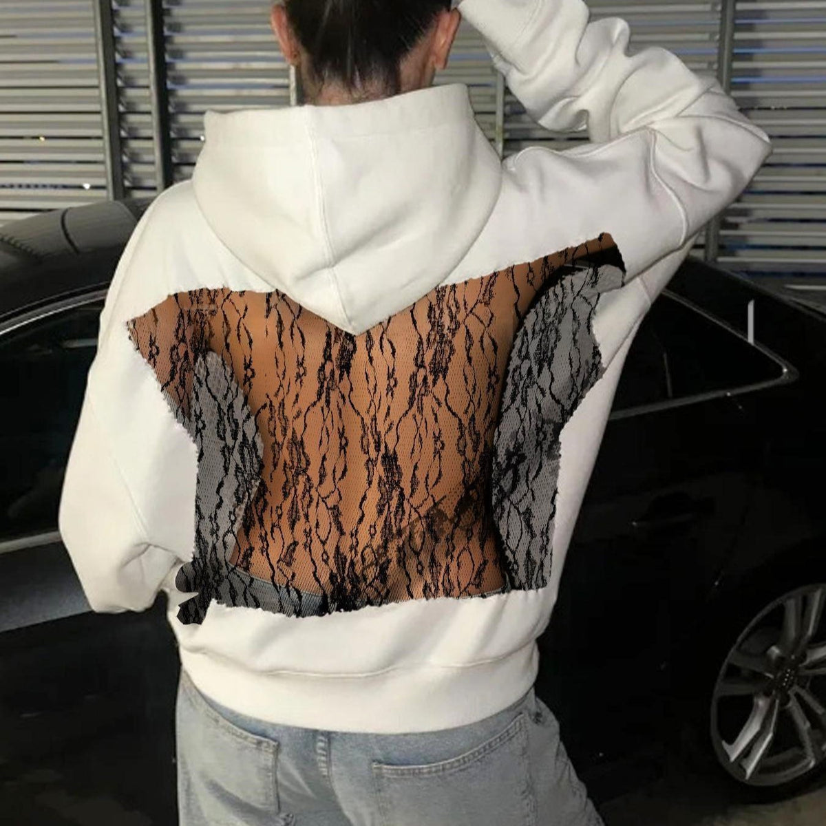 Corset Mesh Back Panel Hooded Sweatshirt - Lace_W - 1