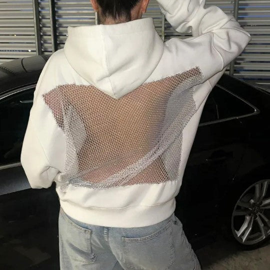 Corset Mesh Back Panel Hooded Sweatshirt - White - 1