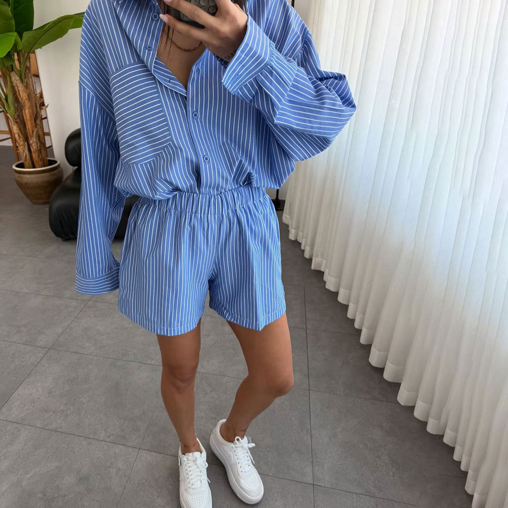 Pinstripe Long Sleeve Shirt and Shorts Set - Blue