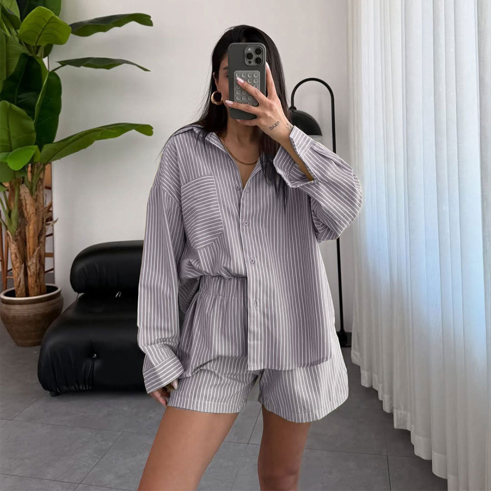 Pinstripe Long Sleeve Shirt and Shorts Set - Grey