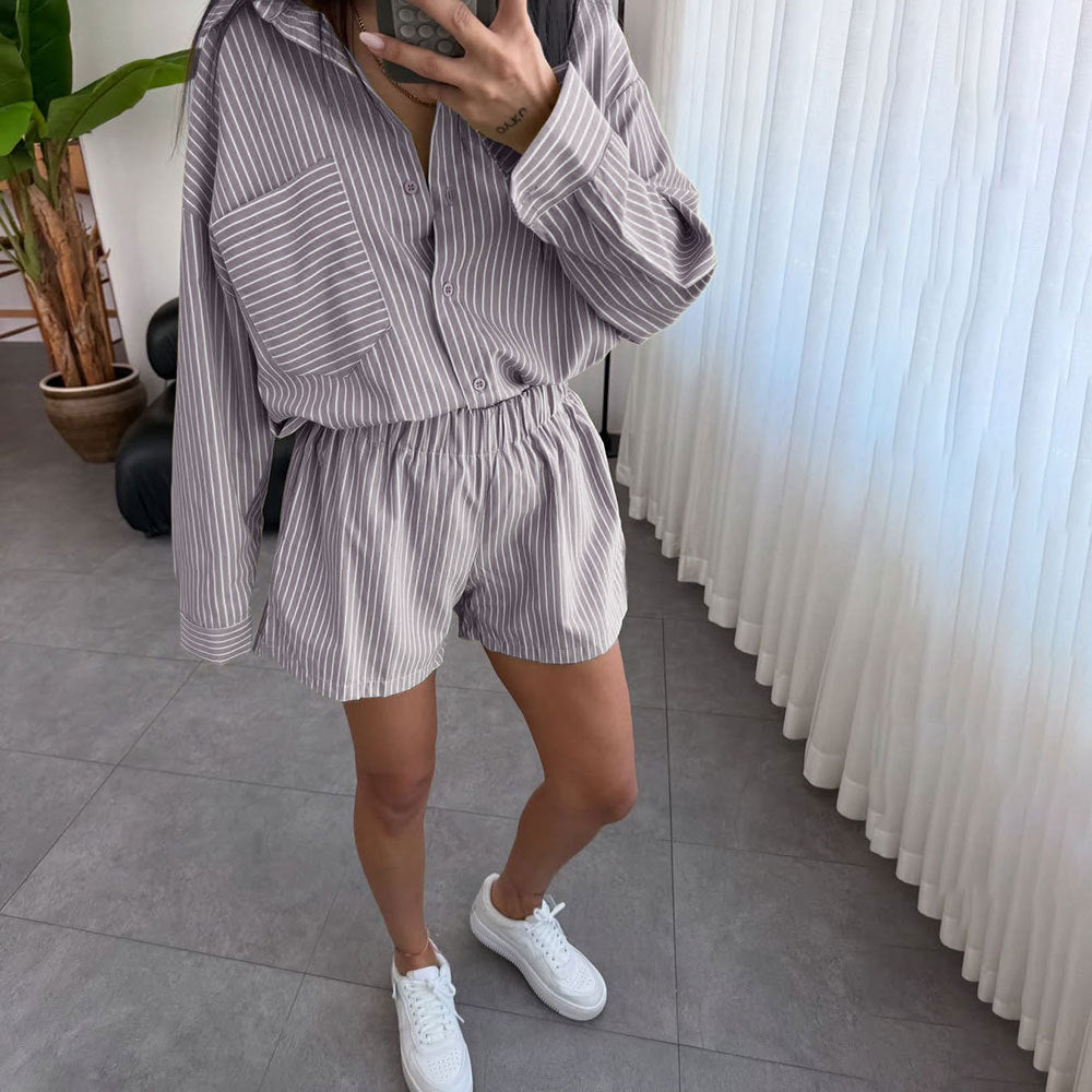 Pinstripe Long Sleeve Shirt and Shorts Set - Grey - 1