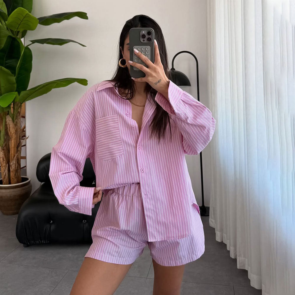 Pinstripe Long Sleeve Shirt and Shorts Set - Pink