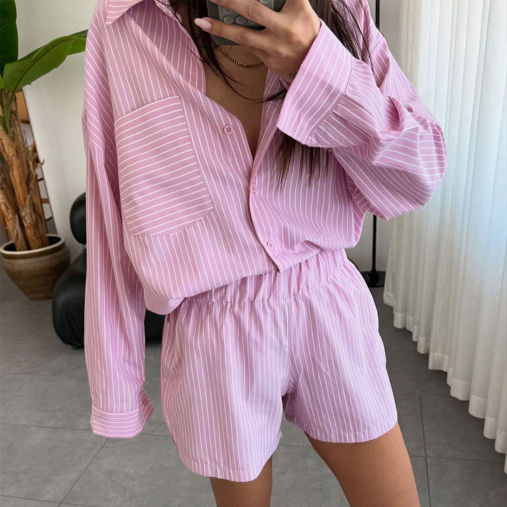 Pinstripe Long Sleeve Shirt and Shorts Set - Pink - 1