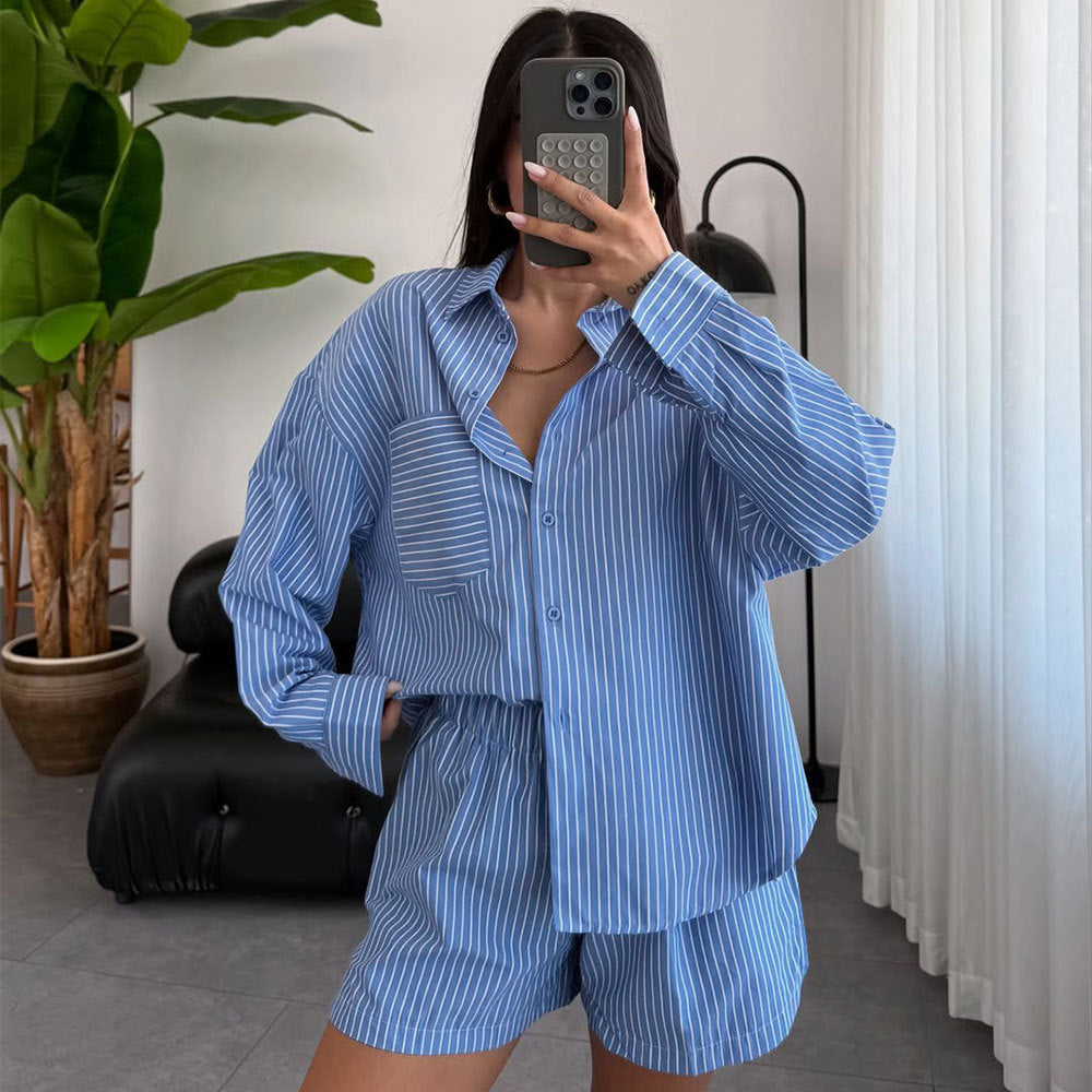 Pinstripe Long Sleeve Shirt and Shorts Set