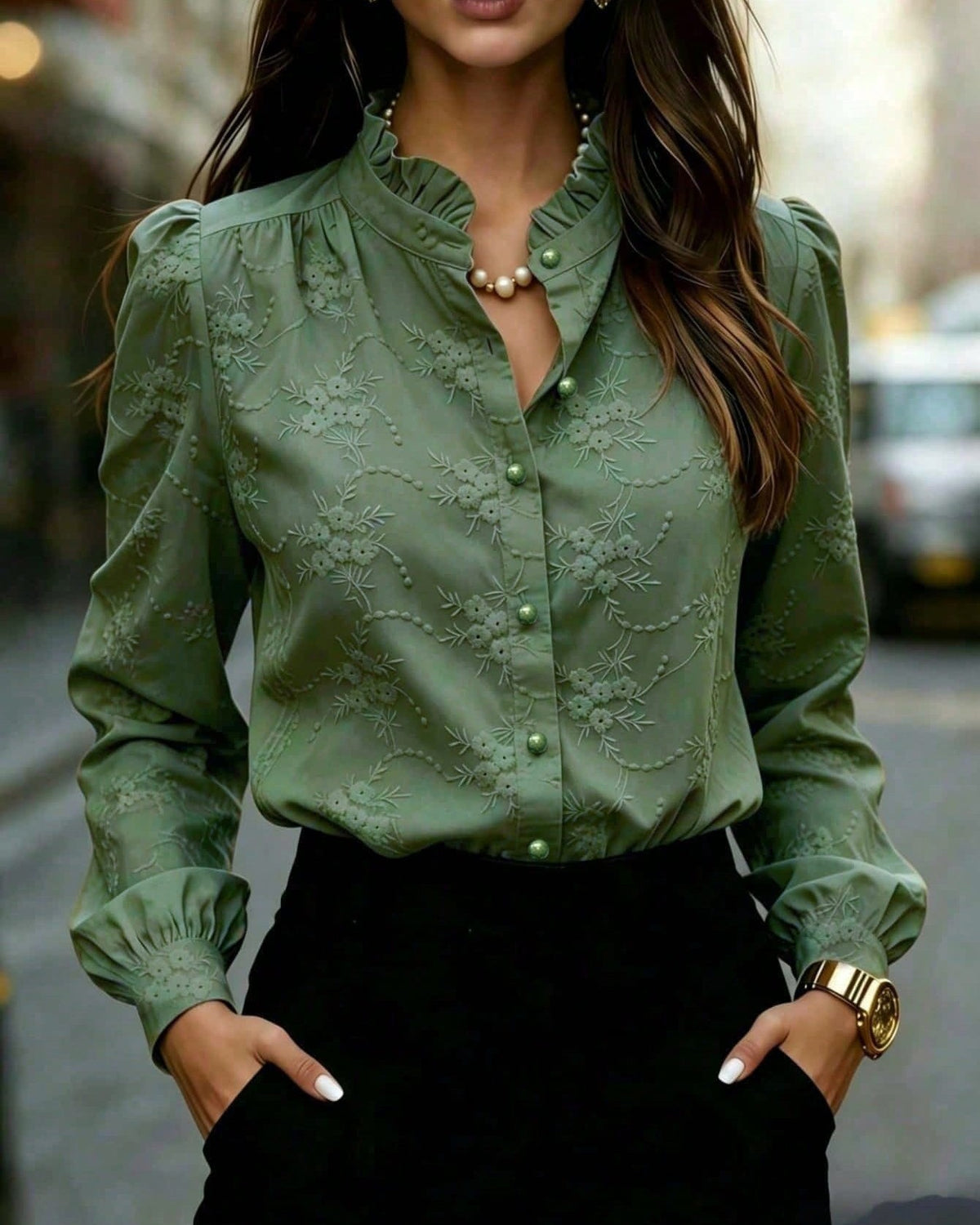 Tonal Floral Embroidered Puff Sleeve Shirt - Green