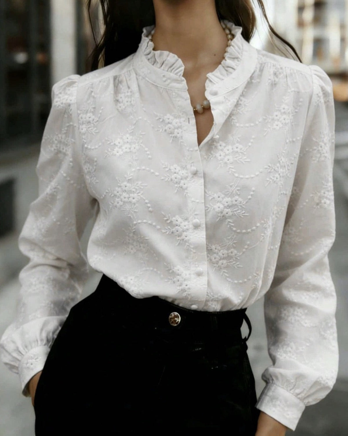 Tonal Floral Embroidered Puff Sleeve Shirt - White - 1