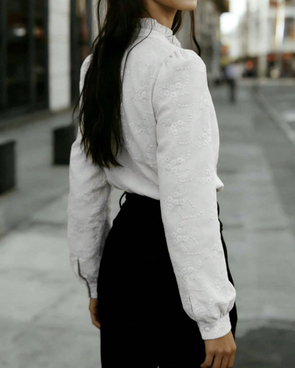 Tonal Floral Embroidered Puff Sleeve Shirt - White - 2