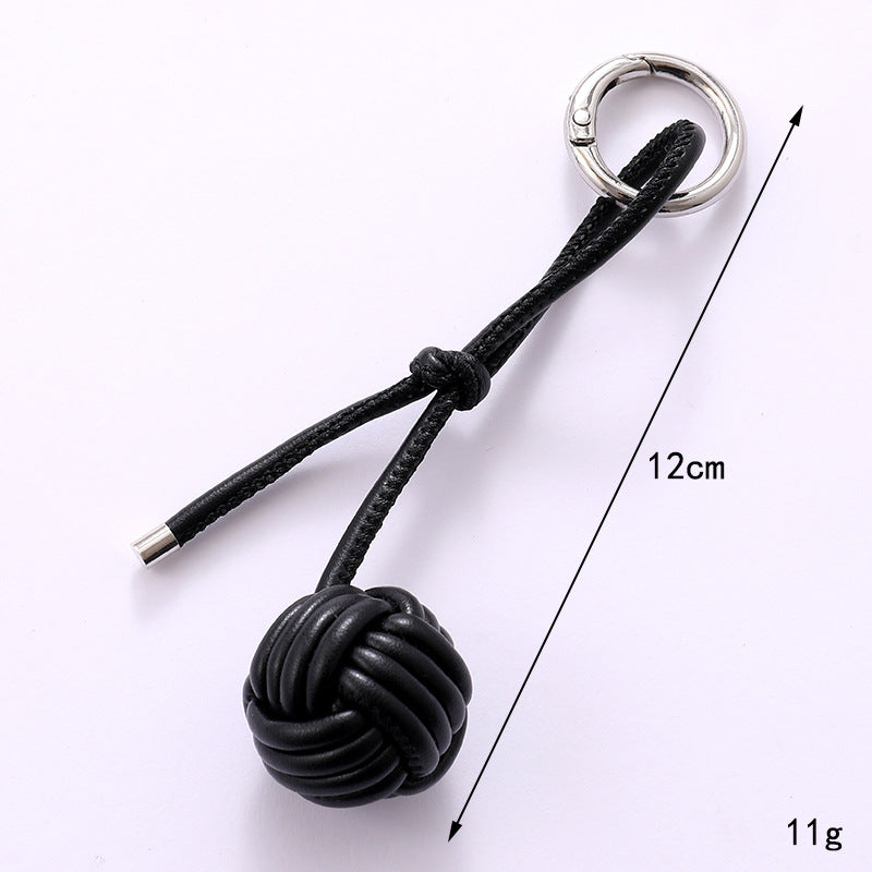 Woven Knot Ball Leather Keychain - Black