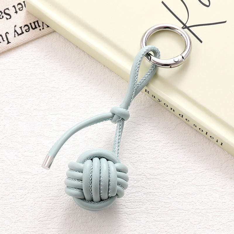 Woven Knot Ball Leather Keychain - Blue