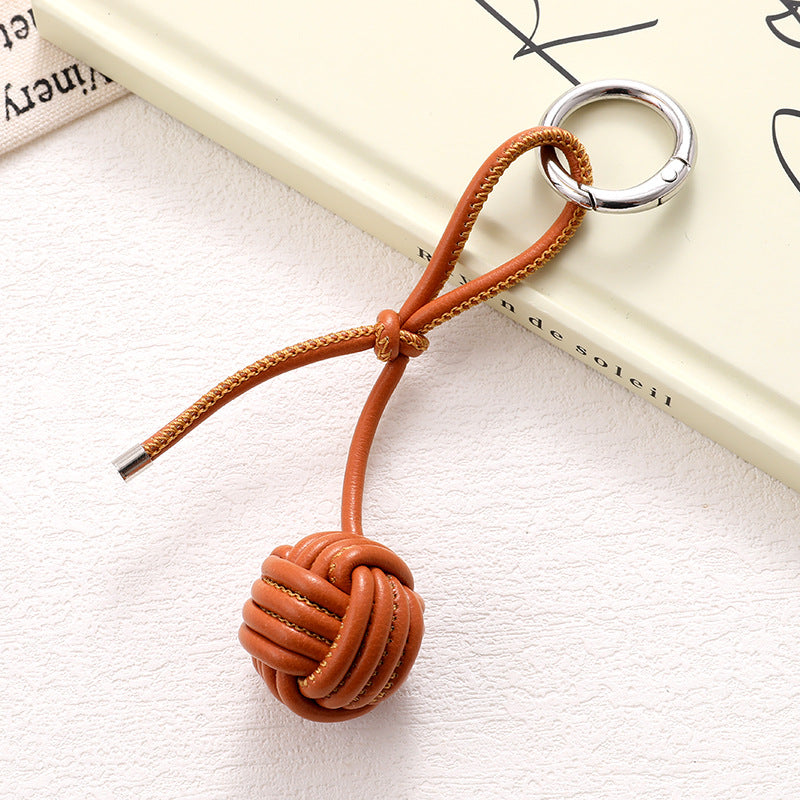 Woven Knot Ball Leather Keychain - Brown