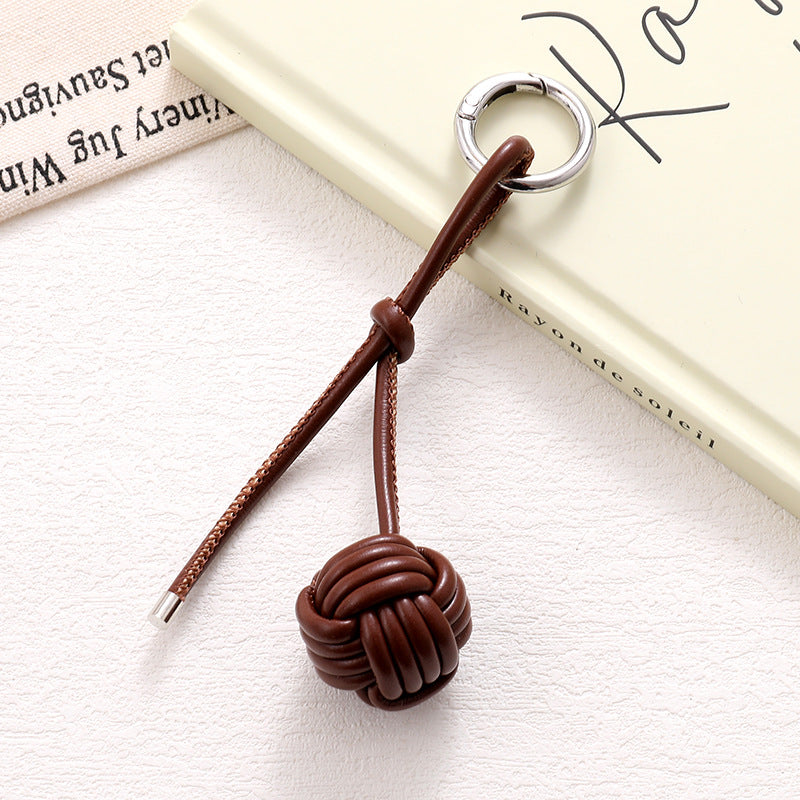 Woven Knot Ball Leather Keychain - Coffee