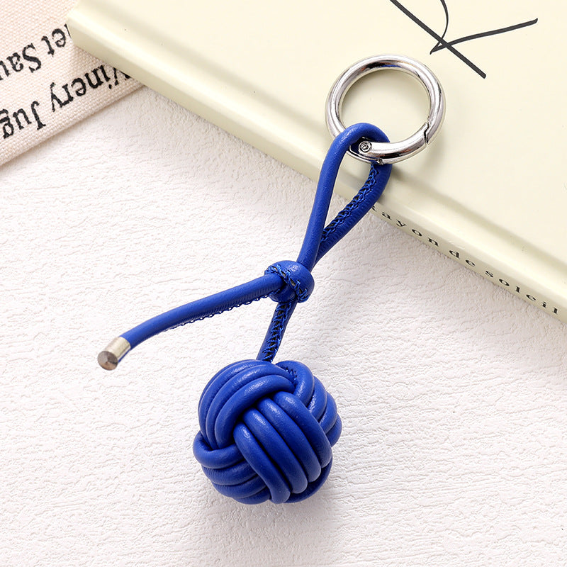 Woven Knot Ball Leather Keychain - Darkblue