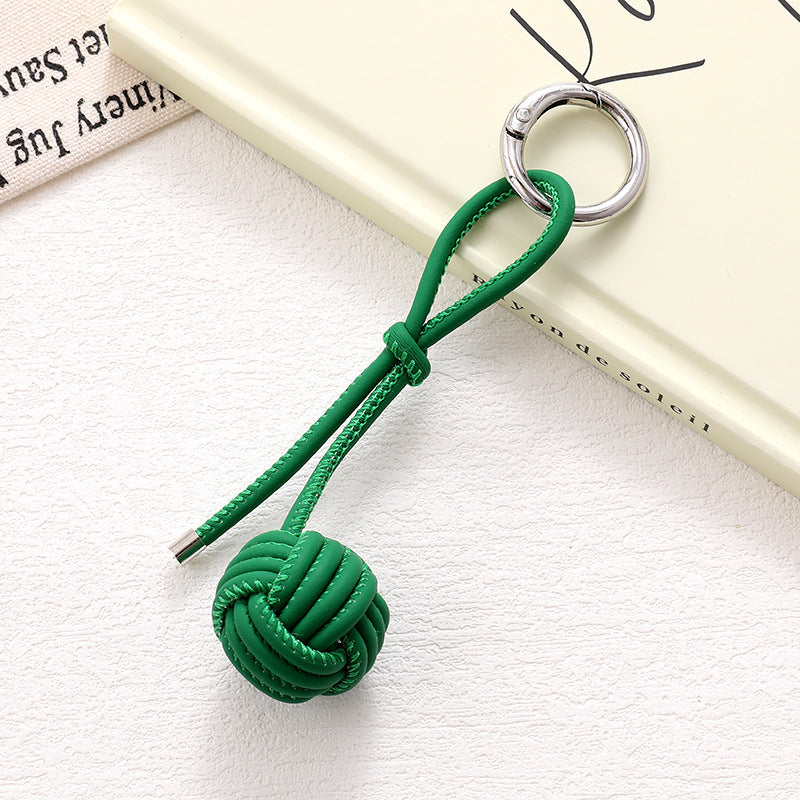Woven Knot Ball Leather Keychain - Darkgreen