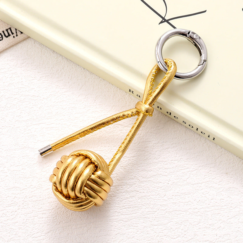 Woven Knot Ball Leather Keychain - Gold