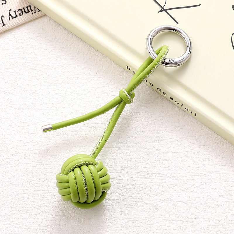 Woven Knot Ball Leather Keychain - Green
