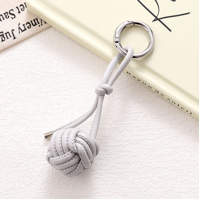 Woven Knot Ball Leather Keychain - Grey